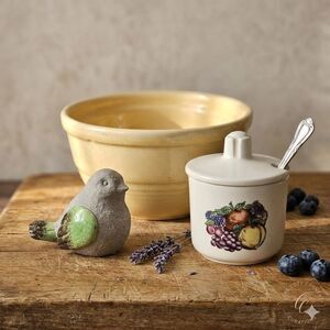 Yellowware Mixing Bowl, Hand-Painted Fruit Jam Jar, Bird Decor Trio